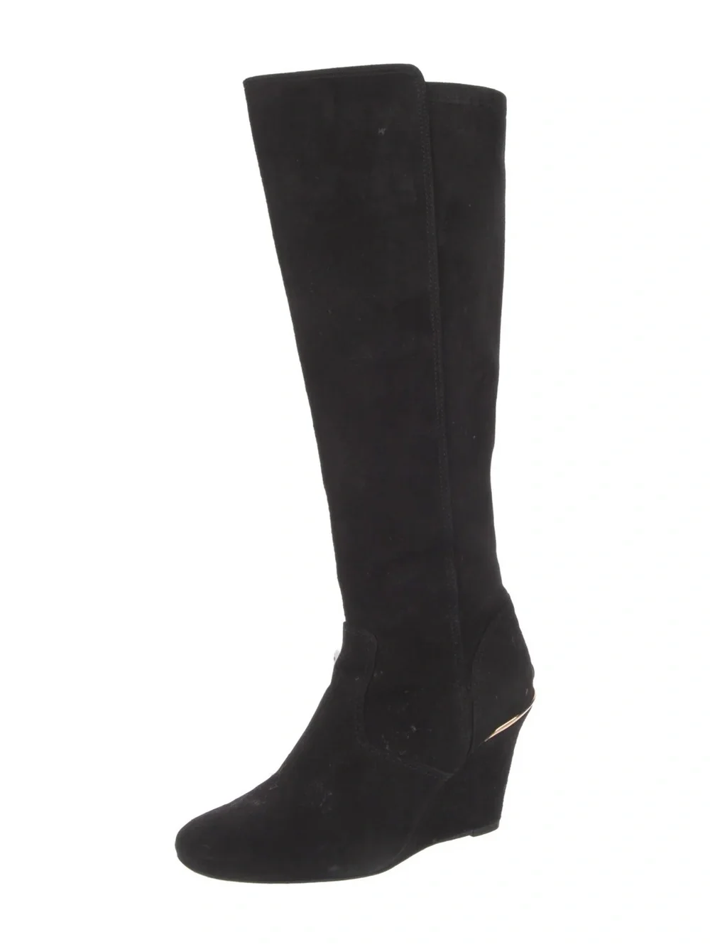 Tory Burch Hendin Black Gold Suede Leather Knee-High 3.5” Wedge Boots Size 8
